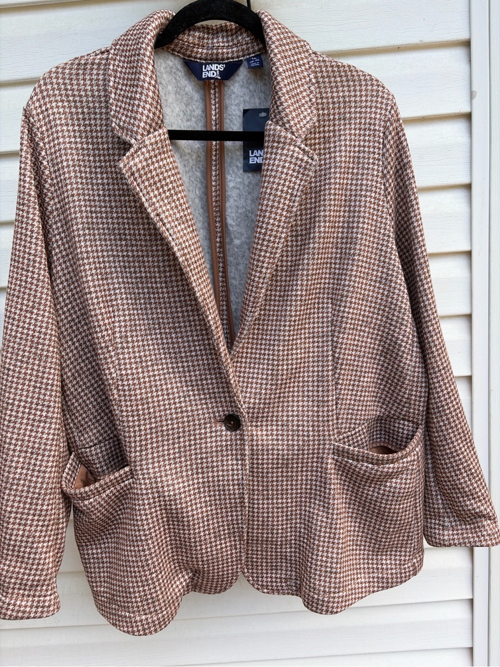 NWT Lands’ End Women’s 1X Houndstooth Knit Blazer Jacket Brown Cream Plus Size